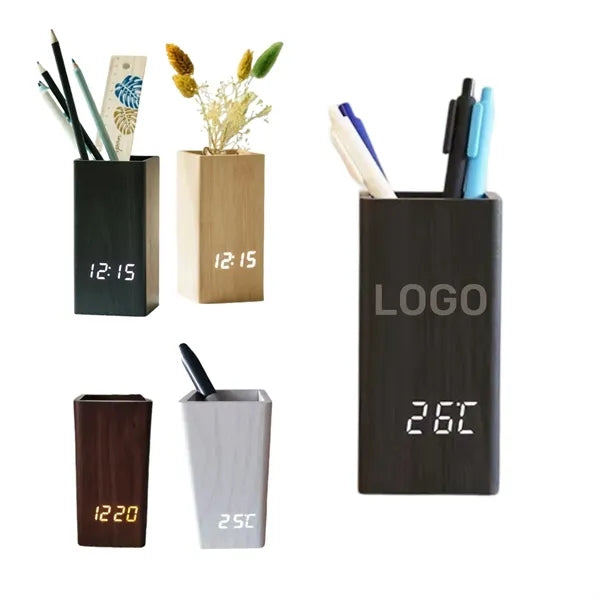 Led Wooden Pen Holder Clock With Temperature, Time, And Date