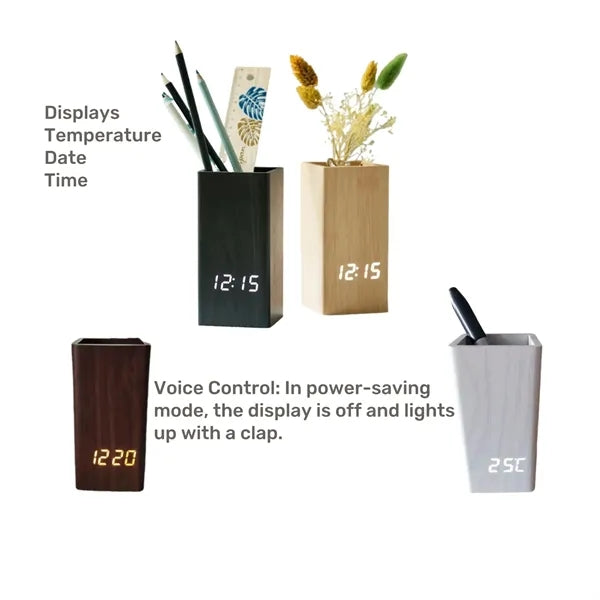 Led Wooden Pen Holder Clock With Temperature, Time, And Date