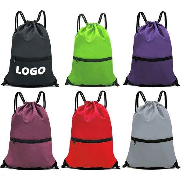 Durable Oxford Sports Drawstring Gym Bag with Zipper Pocket