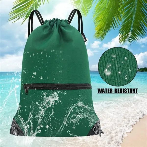 Durable Oxford Sports Drawstring Gym Bag with Zipper Pocket
