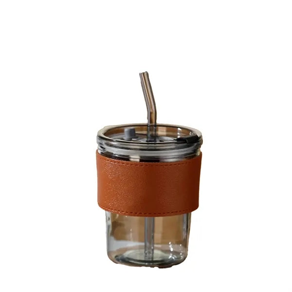 13oz Glass Coffee Mug w/ Straw Lid Leather Sleeve