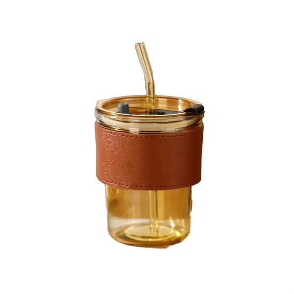 13oz Glass Coffee Mug w/ Straw Lid Leather Sleeve