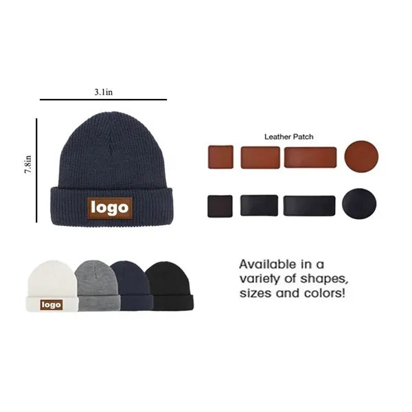 Cuffed Knit Beanie with Faux Leather Logo Patch