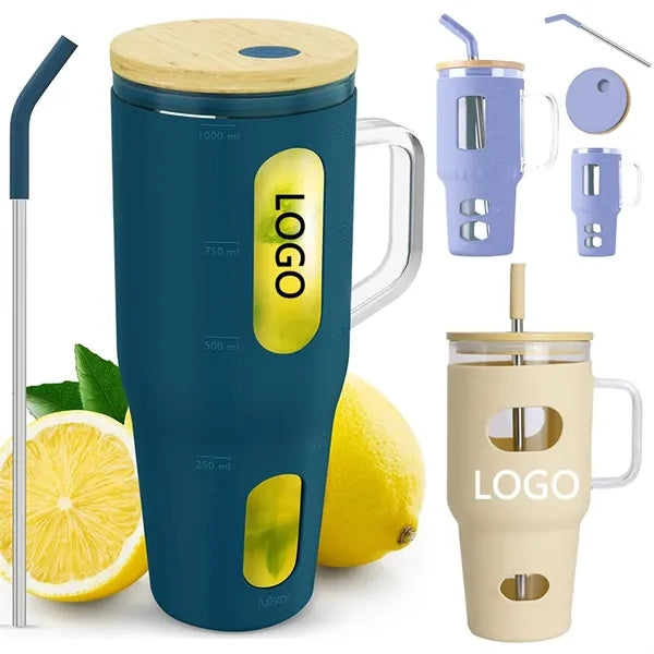 32 Oz.Glass Tumbler With Bamboo Lid & Handle & Silicone Slee
