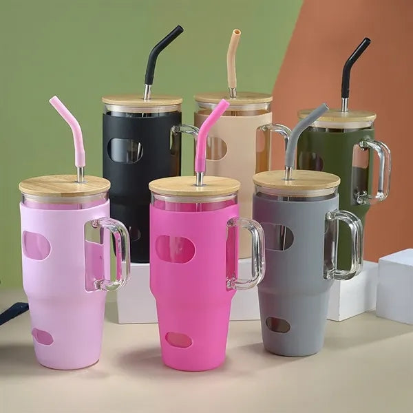 32 Oz.Glass Tumbler With Bamboo Lid & Handle & Silicone Slee