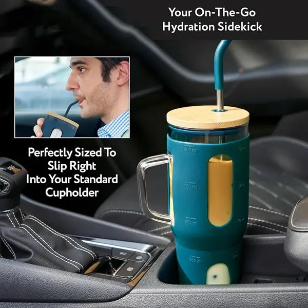 32 Oz.Glass Tumbler With Bamboo Lid & Handle & Silicone Slee