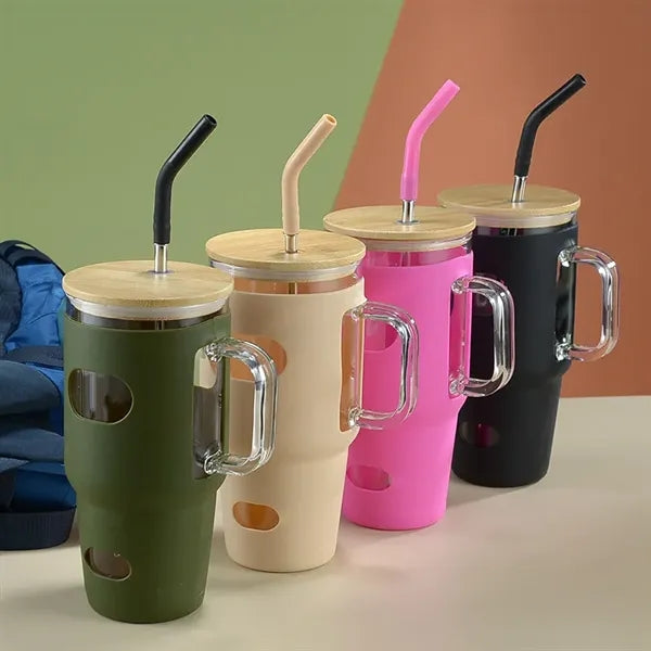 32 Oz.Glass Tumbler With Bamboo Lid & Handle & Silicone Slee