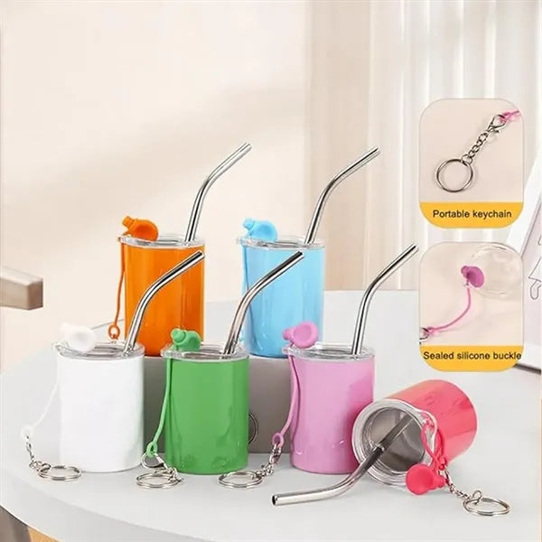 3 Oz. Double Wall Keychain Stainless Steel Mug with Straw