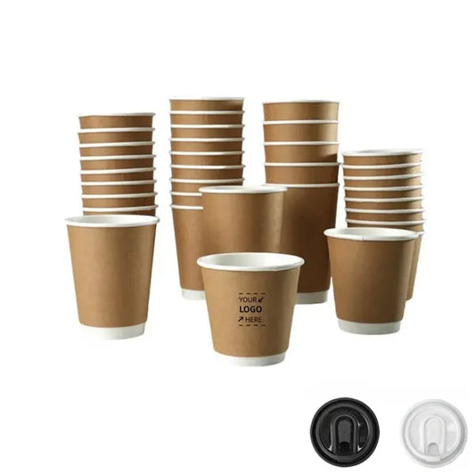 8/10/12/16 Oz. Double Wall Kraft Paper Cups w/Lids