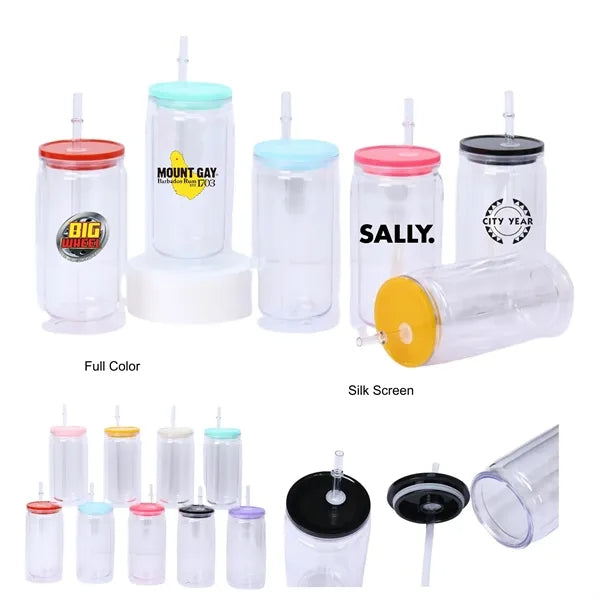 16 oz Double Wall Plastic Snow Globe Tumbler With Lid Straw