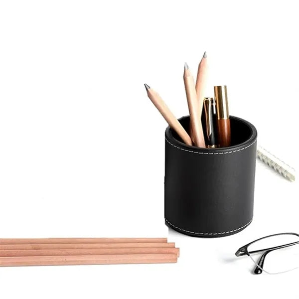 Circular Leather Pen Holder Desktop Stationery Storage Box