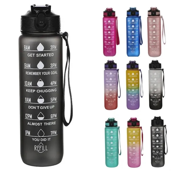 32 Oz Sports Water Bottle with Time Marker and Carry Strap