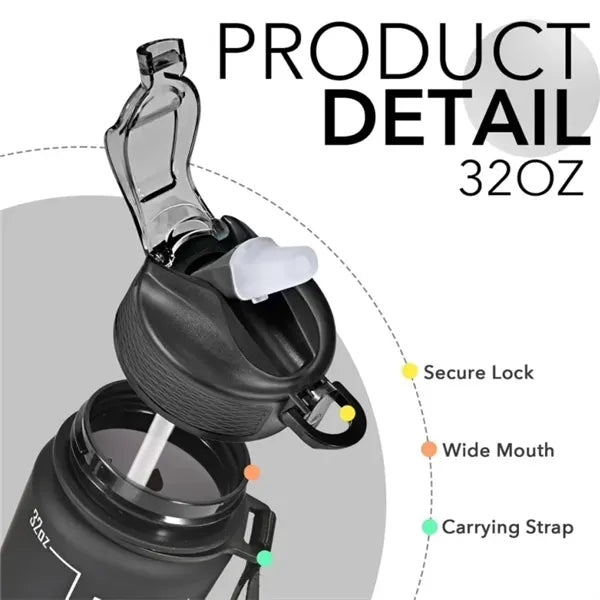 32 Oz Sports Water Bottle with Time Marker and Carry Strap