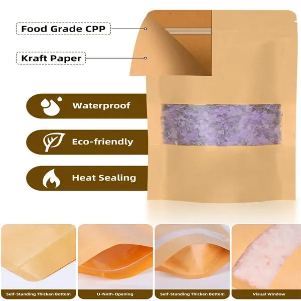 Resealable Kraft Food Bags with Window, Multiple Sizes