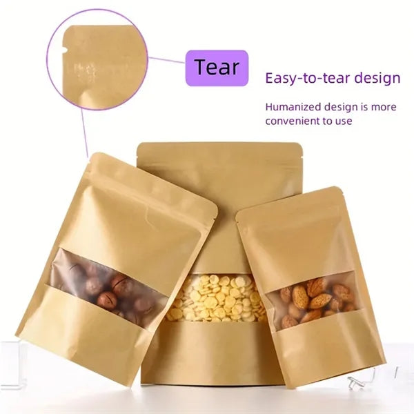 Resealable Kraft Food Bags with Window, Multiple Sizes