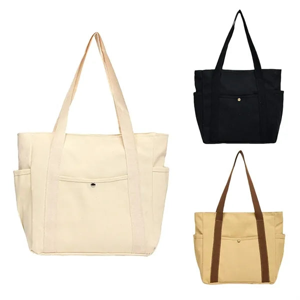 Large Capacity Durable Canvas Tote Bag With Multi Pockets