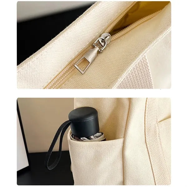 Large Capacity Durable Canvas Tote Bag With Multi Pockets