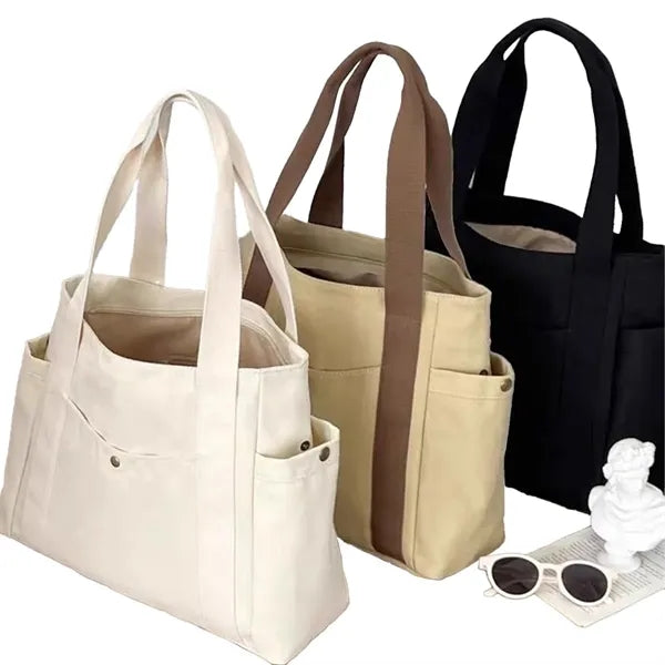 Large Capacity Durable Canvas Tote Bag With Multi Pockets