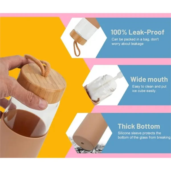 18oz Glass Water Bottle With Bamboo Lid And Silicone Sleeve
