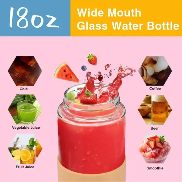 18oz Glass Water Bottle With Bamboo Lid And Silicone Sleeve