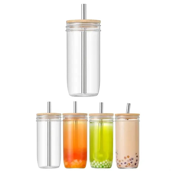 24 Oz. Mason Jar With Stainless Steel Straw and Bamboo Lid