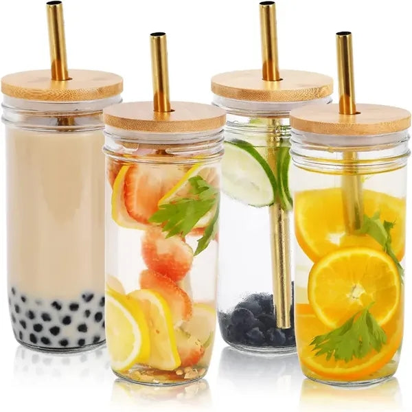 24 Oz. Mason Jar With Stainless Steel Straw and Bamboo Lid
