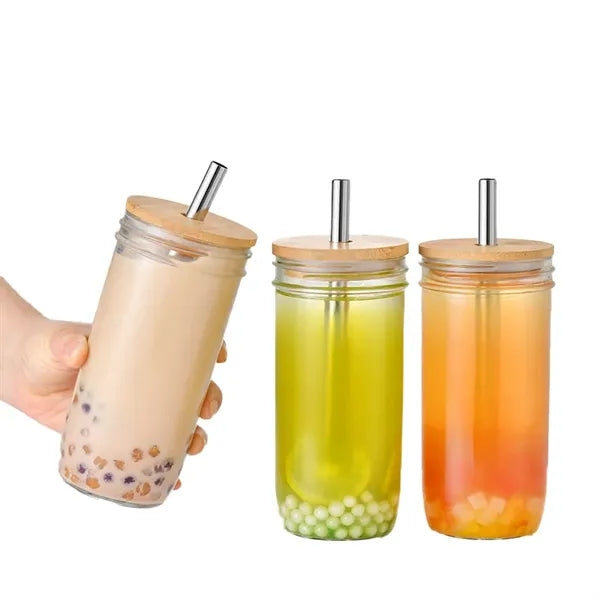 24 Oz. Mason Jar With Stainless Steel Straw and Bamboo Lid