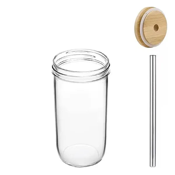24 Oz. Mason Jar With Stainless Steel Straw and Bamboo Lid