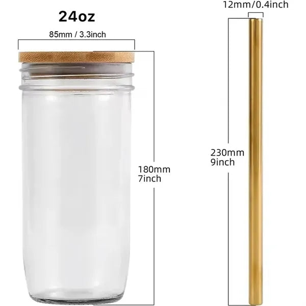 24 Oz. Mason Jar With Stainless Steel Straw and Bamboo Lid