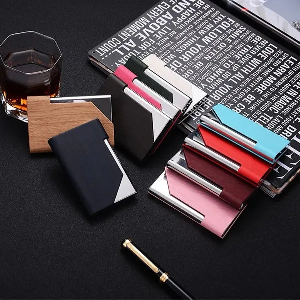 Business Card Holder Case Leather Metal Pocket Magnetic Shut