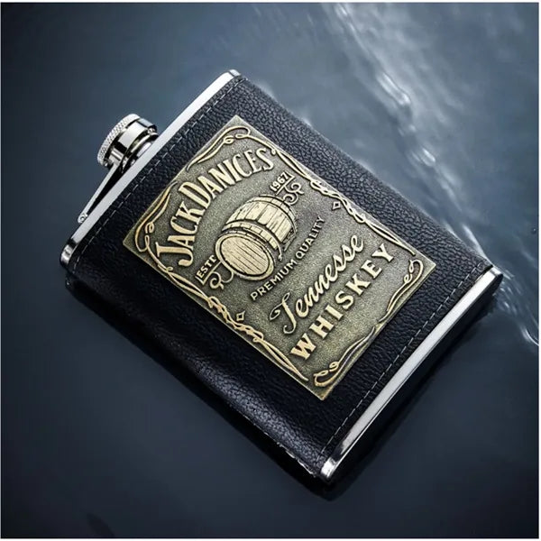 8 oz Black Leather Hip Flask Set Stainless Steel Bottle