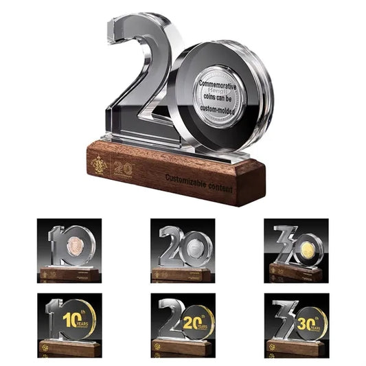 Crystal Anniversary Award Trophy with Wooden Base