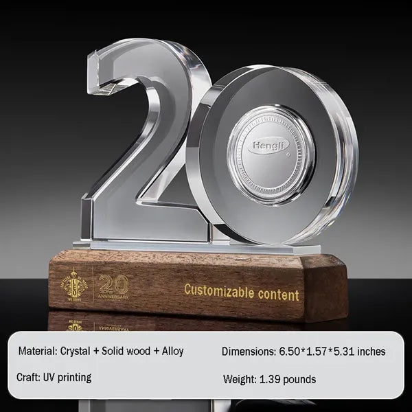 Crystal Anniversary Award Trophy with Wooden Base