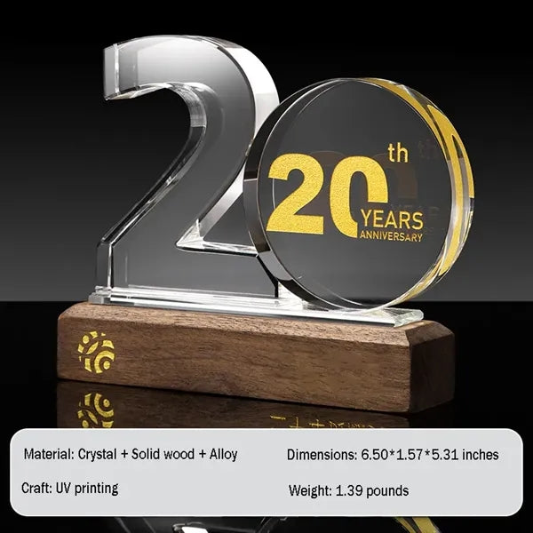 Crystal Anniversary Award Trophy with Wooden Base