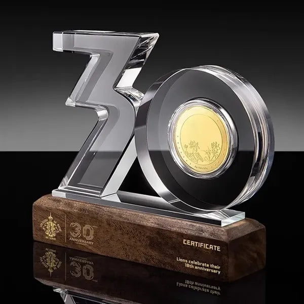 Crystal Anniversary Award Trophy with Wooden Base