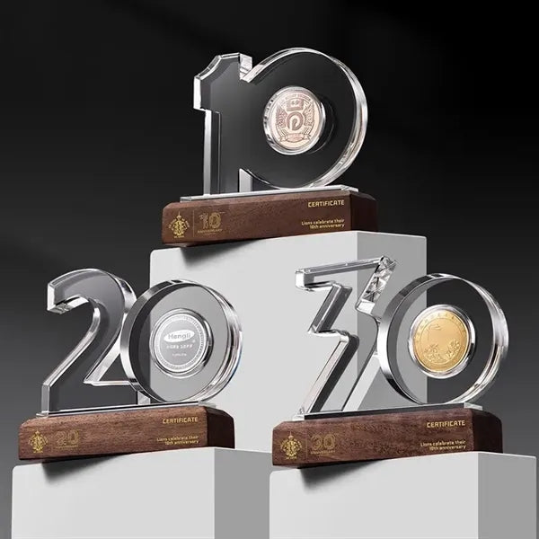 Crystal Anniversary Award Trophy with Wooden Base