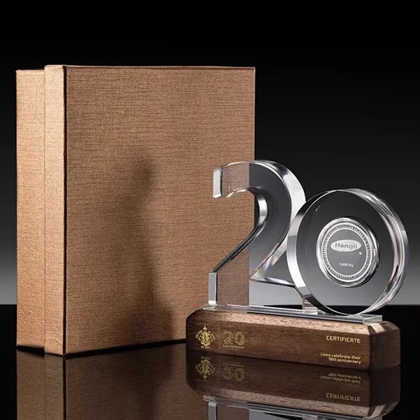 Crystal Anniversary Award Trophy with Wooden Base
