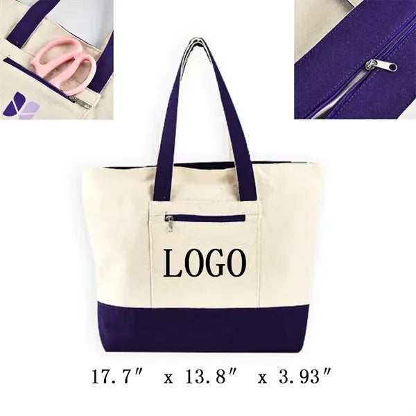 Eco-Friendly 100% Cotton Canvas Tote Bag w/Zipper Closure