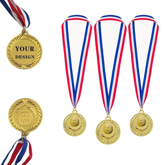 2" Custom Gold Award Medals W/ Stripes Neckband