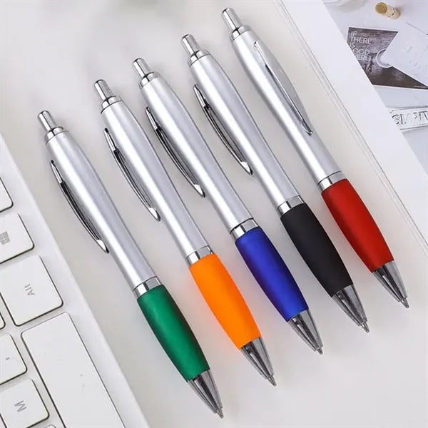 Plastic Retractable Ballpoint Pen w/Rubber Grip Section