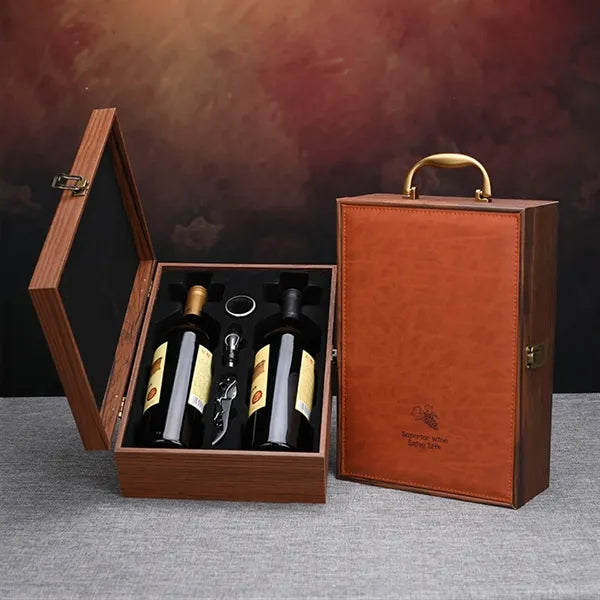 Double Bottle Leather And Wood Wine Box