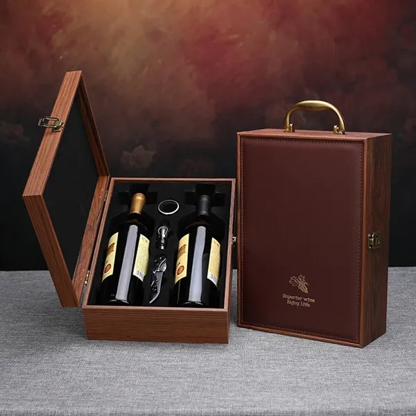 Double Bottle Leather And Wood Wine Box
