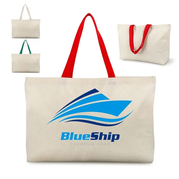 Wide Opening 6 Oz. Cotton Canvas Tote w/ Multi-Color Handles
