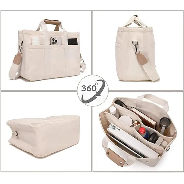 Canvas Tote Bag With Multi Pockets