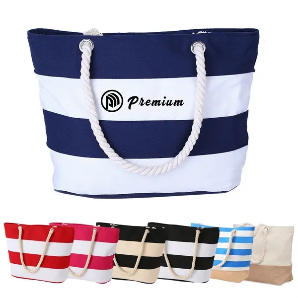 Striped Canvas Beach Tote Bag