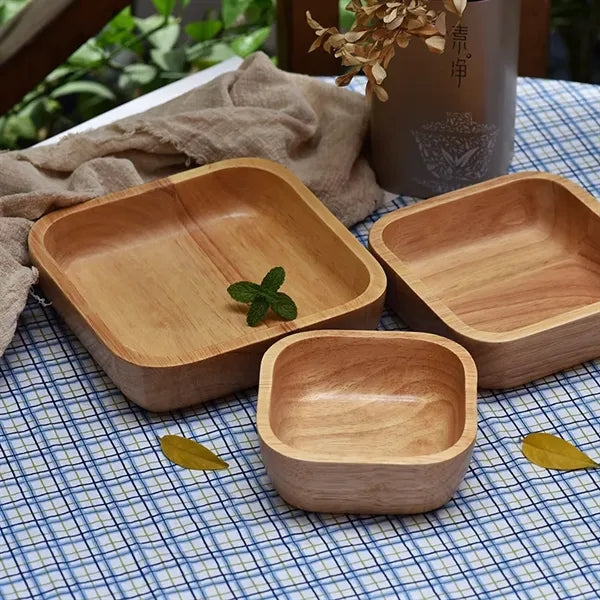 Square Rubberwood Salad Bowl Wooden Fruit Dessert Plate