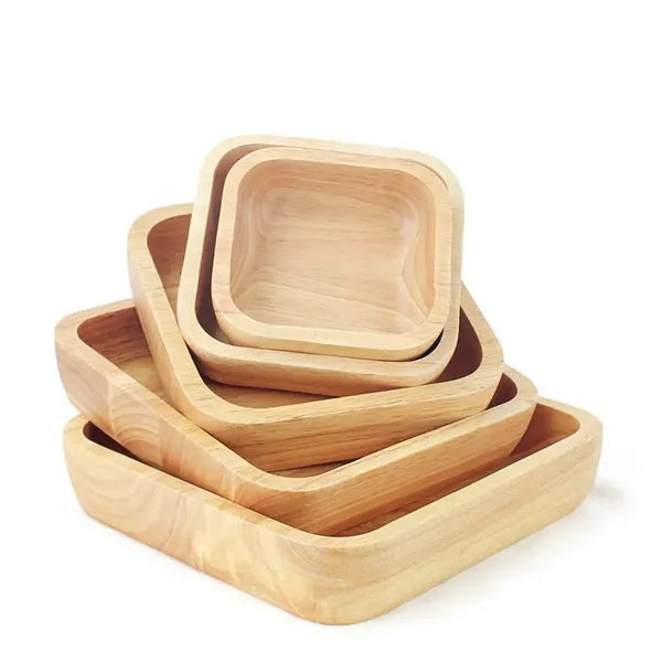 Square Rubberwood Salad Bowl Wooden Fruit Dessert Plate