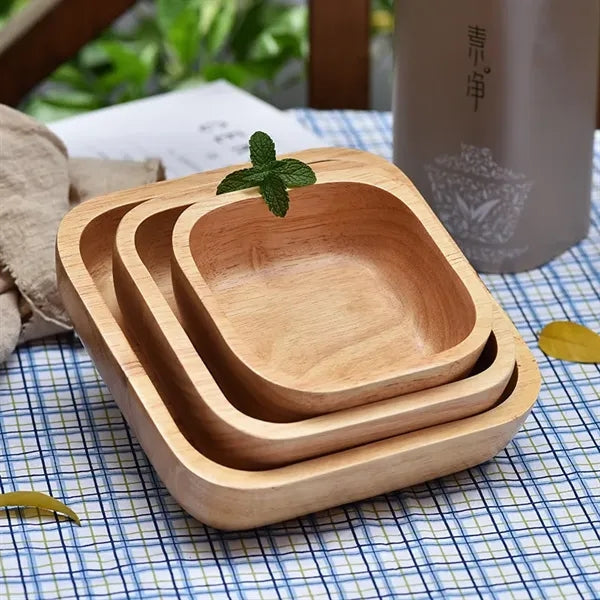 Square Rubberwood Salad Bowl Wooden Fruit Dessert Plate