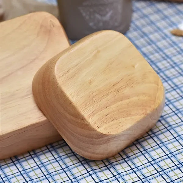 Square Rubberwood Salad Bowl Wooden Fruit Dessert Plate
