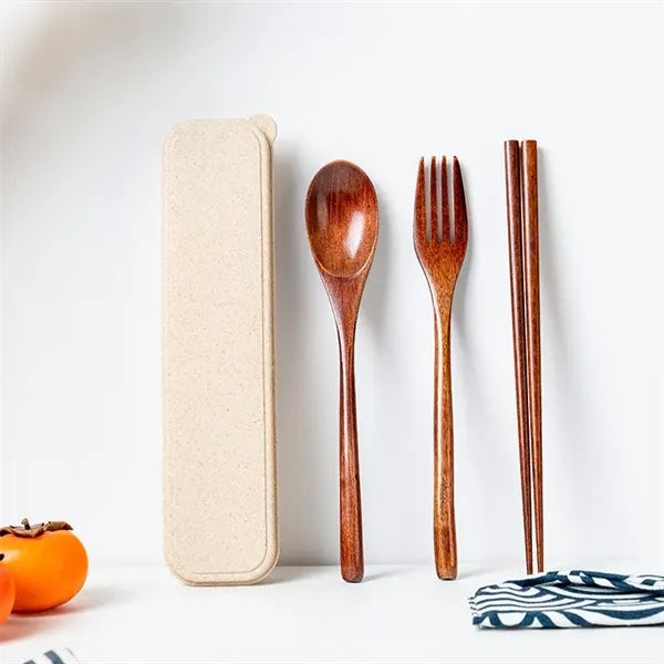 Portable Wooden Spoon Fork Chopsticks Set with Storage Case